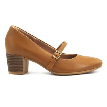 Imagem de Scarpin Usaflex Feminino Boneca Couro Salto Bloco Tira Fivela Tan Af1207003 35