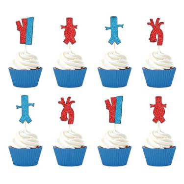 Imagem de 24Pcs Blood Vessel Cupcake Toppers, Red and Bule Glitter Vascular Nurses Week Party Decorations, Nurse Vascular Week Decorations, Red and Blue Glitter