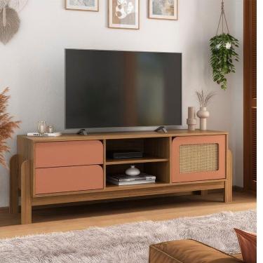 Imagem de Rack Sala Tv 65 Nature C/ Gavetas Prateleiras E Porta Carvalho/ Terracota/ Palha