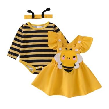 Imagem de Tikoubabe Roupas para bebês meninas outono inverno macacão desenho animado com babados suspensório saia faixa de cabeça 3 peças 0-18 meses, Amarelo, 0-3 Meses