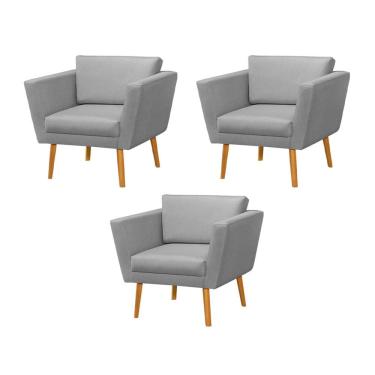 Imagem de Kit 3 Poltronas Retrô Pés Palito em Madeira Paraty Linho Cinza
