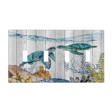 Imagem de Spshian Capa para interruptor de luz, tartaruga, oceano, coral, plantas aquáticas, tábuas de madeira rústica, placa de interruptor de 4 gangs, placas de parede com interruptor quádruplo decorativo,