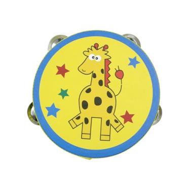 Imagem de Dynwave Tamborim de mão de madeira, instrumento musical de tambor de mão, brinquedo educacional, tamborim de mão, sino para festa, concerto de adultos, Girafa Amarela, 15cm