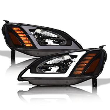 Imagem de Alpha Owls 8719718 Faróis de cristal com barra de luz LED branca e luz de sinal sequencial - âmbar preto serve para Honda Civic 2 portas Coupé / 4 portas Sedan 2001-2003