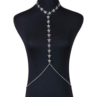 Imagem de Aimimier Corrente de biquíni com estrela de strass, com gargantilha, corrente sexy na cintura, praia, boate, joia corporal para mulheres e meninas (prata)