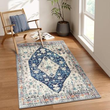 Imagem de Lahome Tapete de área tribal boho - tapete azul 3x5 para sala de estar macio antiderrapante tapete de escritório lavável, tapete de entrada oriental de pilha baixa para pia de cozinha cabeceira mesa de centro apartamento de estúdio, azul