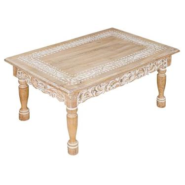 Imagem de Mesa de centro retangular de madeira entalhada Jali, mesa de centro de fazenda, mesa de centro de madeira, sala de estar, móveis de estilo rústico e moderno de meados do século, 91 x 61 x 45 cm,
