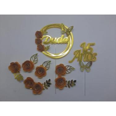 Imagem de Topo De Bolo Personalizado 15 Anos Flores Douradas - MIWL ART