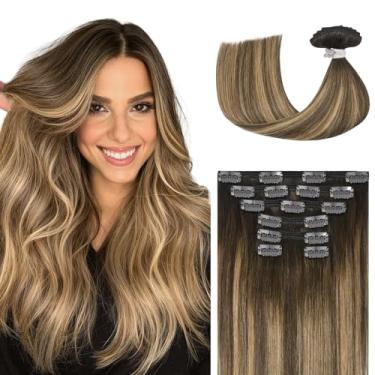Imagem de Ukira Extensões De Cabelo Real Clip In Cabelo Humano, 18 Polegadas 120G Balayage Extensões De Cabelo Castanho Chocolate Para Caramelo Loiro, Macio Natural Liso Remy Extensões De Cabelo Humano Clip I