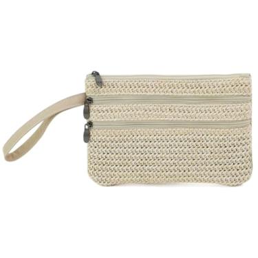Imagem de BBORGDC Bolsa clutch com zíper com alça destacável, pequena bolsa transversal de tecido e bolsa de pulso, bolsa de palha trançada compacta para itens essenciais do dia a dia, férias na praia e
