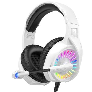 Imagem de ZIUMIER Fone de ouvido Z20 branco para PC PS4 PS5 Xbox One, fone de ouvido com fio over-ear com microfone com cancelamento de ruído, luz LED RGB, som surround baixo