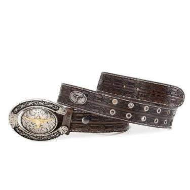 Imagem de Cinto Masculino Country De Couro Detalhe Ferradura Fivela Boi Dourada 