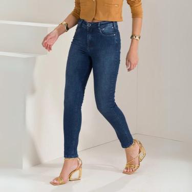 Imagem de Calça Feminina Jeans Skinny Barra em V Cintura Alta Lycra Elastano Botão-Feminino
