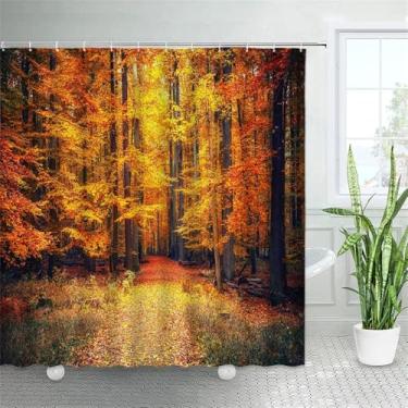 Imagem de Cortina de chuveiro com paisagem florestal, árvores de bordo, plantas de estrada, folhas caídas, cenário rural, decoração de banheiro, cortinas de parede, 5580AG, 180 x 230 cm, 70 x 90 pol.