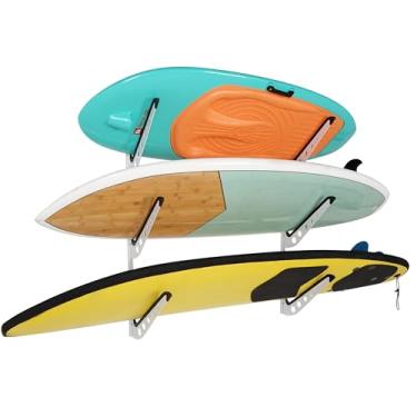 Imagem de HIKULA Suporte de parede de 3 pranchas de surfe para prancha de surf, wakeboard, armazenamento de snowboard cabides de parede ajustáveis para exibição de pranchas