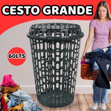 Imagem de Cesto Telado Redondo 60 Lts Preto Com Tampa Grande Plástico Roupa Suja