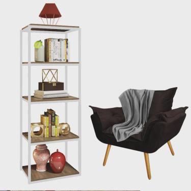 Imagem de Kit Poltrona Fatte com Manta Soft Cinza e Estante Livreiro Ferro Branco mdf Imbuia Suede Marrom - Ahazzo Móveis