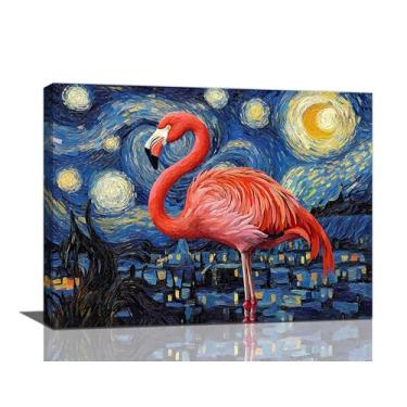 Imagem de Taimeng Arte de parede em tela emoldurada de flamingo, céu estrelado, imagens de animais para quarto, escritório, decoração de parede para banheiro, sala de estar, pintura, arte, pôster moderno