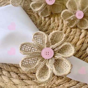 Imagem de Porta Guardanapo Floral com Juta e Botão Rosa, 6 Unidades