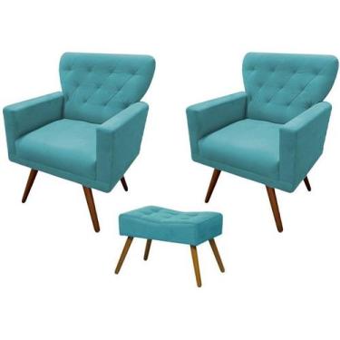 Imagem de Kit 2 Poltronas Decorativa Aurora + 1 Puff Retangular Suede Azul Turqu