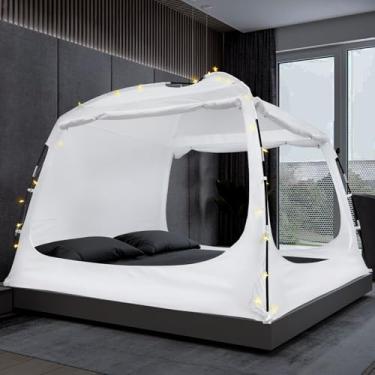 Imagem de Barraca para cama casal casal casal king size tenda dossel para crianças e adultos - 80% blackout, barracas de dormir internas com cordão de luzes estrelas, grande espaço respirável domo tenda de