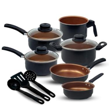 Imagem de Jogo de Panelas Kit 9 Pçs Antiaderente Tampa Vidro Teflon (Preto com Cobre)
