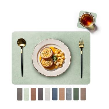 Imagem de RENMTURE Jogo americano de couro sintético, conjunto com 4 copos, lavável, para mesa de jantar de cozinha, restaurante, cafeteria (verde menta/branco marfim, retângulo)