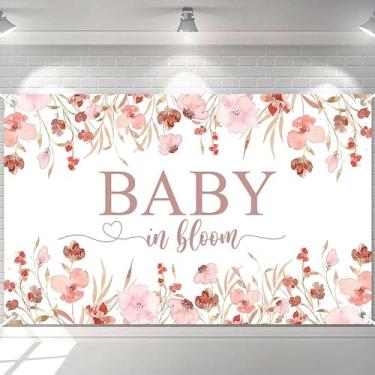 Imagem de Ticuenicoa Faixa de chá de bebê 177 x 109 cm - Flores silvestres rosa e design "Baby in Bloom" para revelação de gênero, decoração de parede de berçário e pano de fundo para fotos de recém-nascidos
