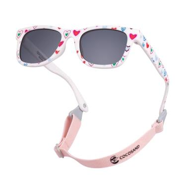 Imagem de COCOSAND Óculos de sol flexíveis para bebês com alça polarizada proteção UV para bebês recém-nascidos, meninos e meninas de 0 a 24 meses, Branco fosco com estampa de coração, XP