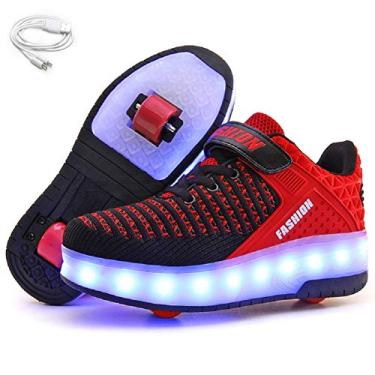 Imagem de Tênis infantil Ehauuo com duas rodas e luzes recarregáveis com rodinhas retrátil, tênis LED piscante para meninos e meninas unissex, B-red, 4 Big Kid