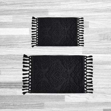Imagem de Jean Pierre – Tapetes de banho Ricardo, conjunto de 2 tapetes de banheiro com franja tecida, 100% algodão, decoração de banheiro premium - mede 43 cm x 78 cm e 53 cm x 104 cm - preto