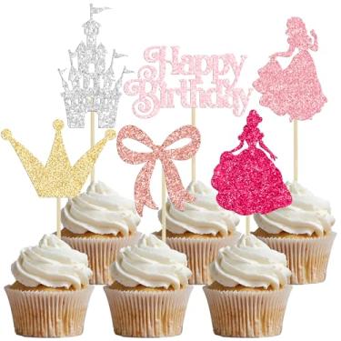 Imagem de Gyufise 24Pcs Frozen Princess Cupcake Toppers Glitter Castle Bowknot Happy Birthday Cake Topper Decorations for Princess Happy Birthday Baby Shower New Year Party Supplies Multicolor