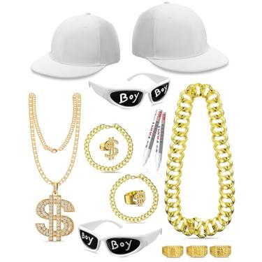 Imagem de Maiteenly Conjunto de 15 peças de fantasia de rapper hip hop anos 80 acessórios de rapper 2000 anos 90 roupa para adultos óculos de sol falso corda de ouro pulseira corrente de símbolo de dólar anel