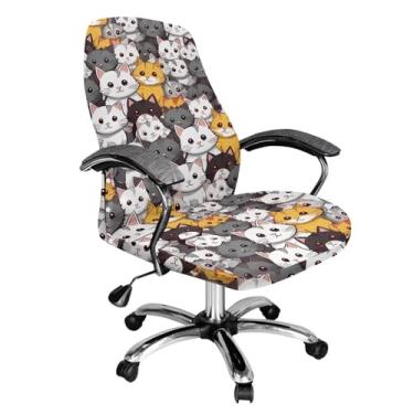 Imagem de YUVAMAGIMO Cartton Cat Capa de cadeira de escritório elástica para cadeira de mesa com protetor de braço, protetor de móveis, ajuste macio, giratório, para cadeira de computador, para cadeiras
