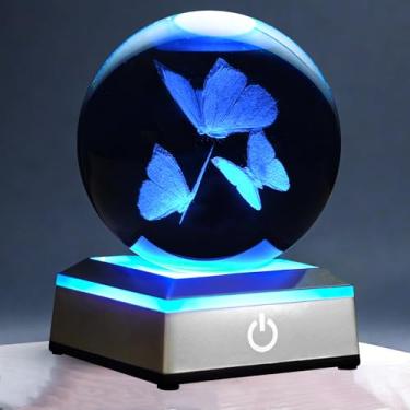 Imagem de Luz noturna com bola de cristal de borboleta 3D com base de toque colorida LED presentes de borboleta para mulheres 8 cm estatuetas de borboleta lâmpada de esfera de vidro para aniversário de Natal,