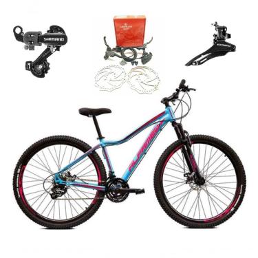 Imagem de Bicicleta Aro 29 Feminina Alfameq Pandora 24v Câmbios Shimano Freios Hidráulicos Garfo Suspensão - Azul-rosa Tam.17