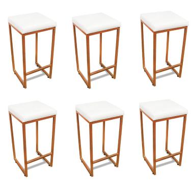 Imagem de Kit 6 Banquetas Altas Nick D03 Assento Couro Sintético Base Metálica Sem Encosto Bronze, Branco D'Rossi