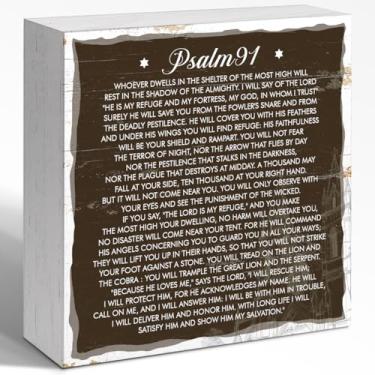 Imagem de WUZYOU Decoração de sinal de caixa de madeira versículo bíblico, salmo 91 versículo das escrituras placa de bloco de madeira, decoração de citação cristã para escritório, casa, quarto, mesa