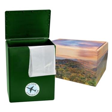 Imagem de Mountain Themed TSA Approved Fly-Safe and Temporary Travel Cremation Urn Kit for Human Ashes - Airline and Mail Friendly - 200 Cubic Inch Capacity - Green Plastic Urn with Mountains Mailing Box