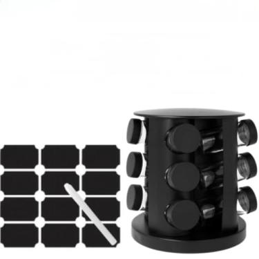 Imagem de Porta Condimentos Temperos Giratório 9 Potes Vidro 90G com Tampa Dosadora Preto + Etiquetas Adesivas(Porta Tempero + 24 Etiquetas)