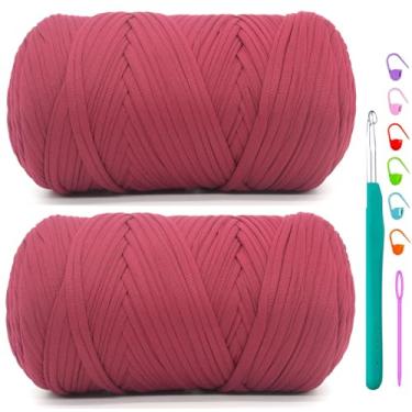 Imagem de Pacote com 2 camisetas para crochê, bordô, tecido elástico macio, grosso, fio de crochê para crochê, tricô iniciante, bolsa de tricô à mão/artesanato faça você mesmo/decoração de casa 2 * 400G - vinho