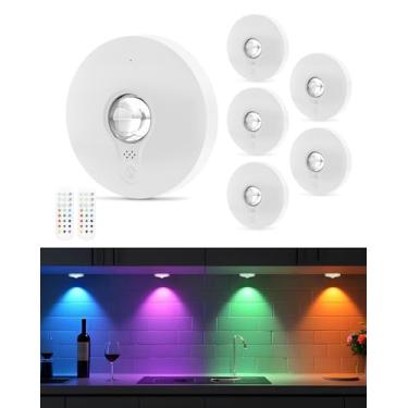 Imagem de Aokpsrt Luzes de disco RGB recarregáveis com controle remoto, luzes de pressão operadas por bateria de 1500 mAh, reguláveis e temporizadores, iluminação sob armário para armário, quarto, cozinha,