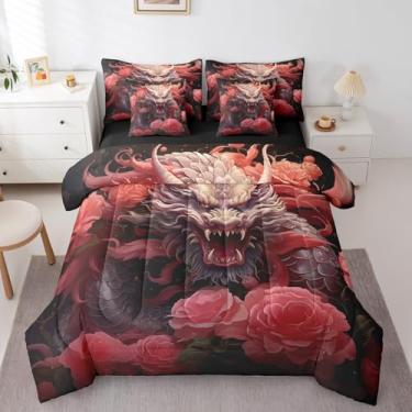 Imagem de Erosebridal Conjunto de edredom completo de dragão floral vermelho, 7 peças, dragão asiático oriental chinês em uma bolsa com jogo de cama, lençol de flores vintage estilo japonês, conjunto de cama de