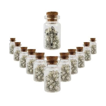 Imagem de Kit 12 Lembrancinhas Garrafinhas de Vidro com Terço de Nossa Senhora Aparecida (Prata e pérola)