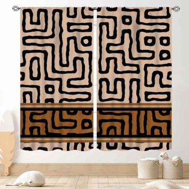Imagem de Cortinas de pano de lama africana, boho moderna estampa geométrica abstrata tribal africana padrão étnico cortinas de janela blackout marrom para sala de estar, quarto, cozinha, banheiro, 2 painéis