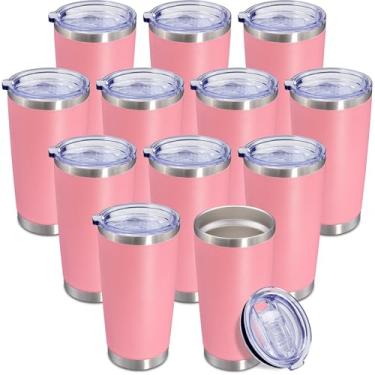Imagem de AEPDTD Copo De Café Tavel 20 Oz A Granel Com Tampa Aço Inoxidável, Parede Dupla, Caneca Isolamento Vácuo, Copos Revestimento Em Pó, Adequado Para Porta-Copos Carro Quente E Frio - Rosa, Pacote 12
