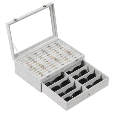 Imagem de AUTOARK Brinco com 10 compartimentos e organizador de 8 peças de óculos de sol, estojo de óculos de sol multijoias para mulheres e homens, suporte de coleção com gaveta, parte superior de vidro grande