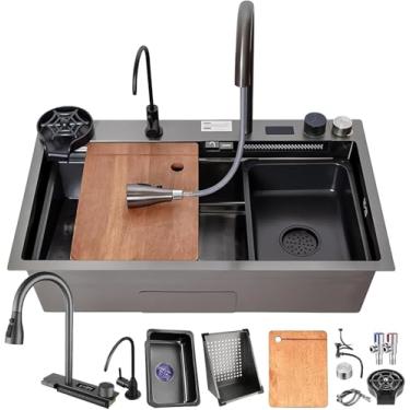 Imagem de Pia De Cascata De Aço Inoxidável Preto Grande Pia De Estação De Trabalho De Tigela Única Com Torneira Retrátil De 360°, Display Led, Tábua De Cortar, Sifão, Black#b01, 70x50cm