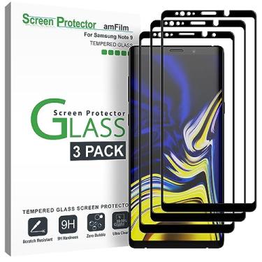 Imagem de amFilm (Pacote com 3) Película de vidro para Samsung Galaxy Note 9, cobertura total da tela, vidro temperado curvado 3D, matriz de pontos com bandeja de fácil instalação (preto)