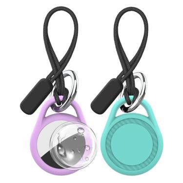 Imagem de Pacote com 2 porta-chaves à prova d'água compatível com AirTag, rastreador GPS antiarranhões para etiquetas de ar com pulseira, acessórios de silicone para chave e bagagem (roxo ciano)